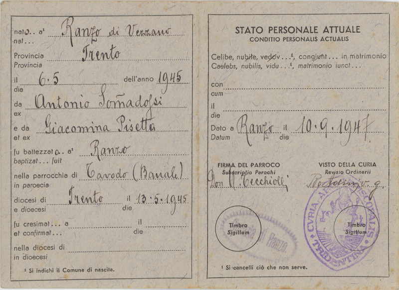 Tessera personale dell’emigrante italiano - interno