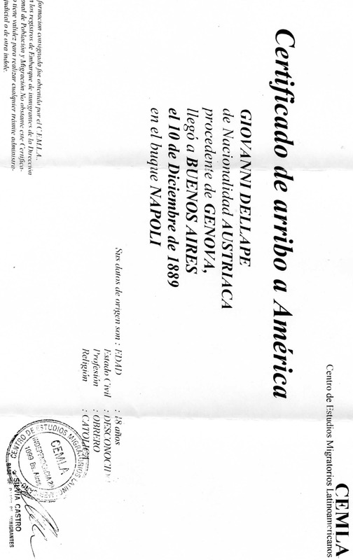 Certificato di arrivo in America di Giovanni Dallapè