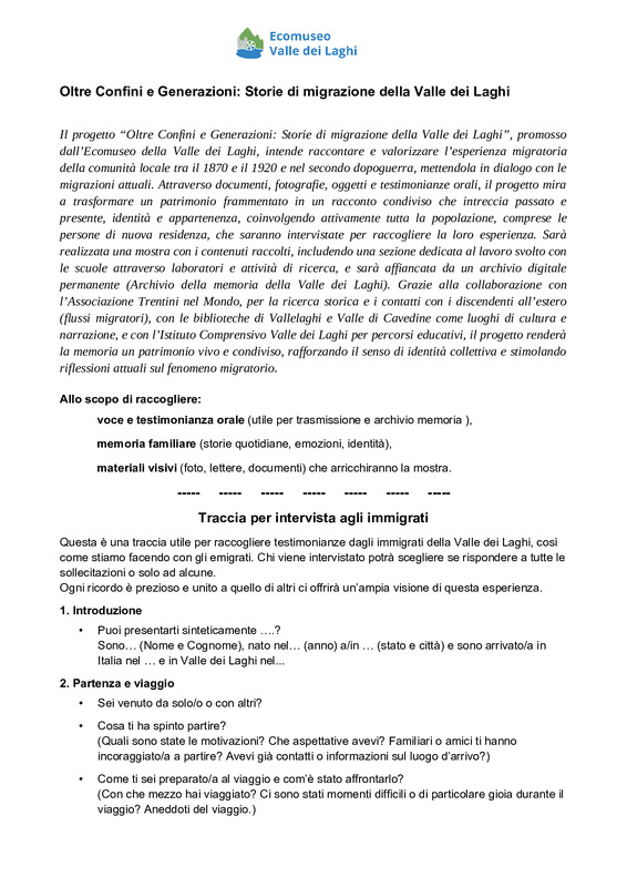 Traccia intervista immigrati Oltre Confini e generazioni