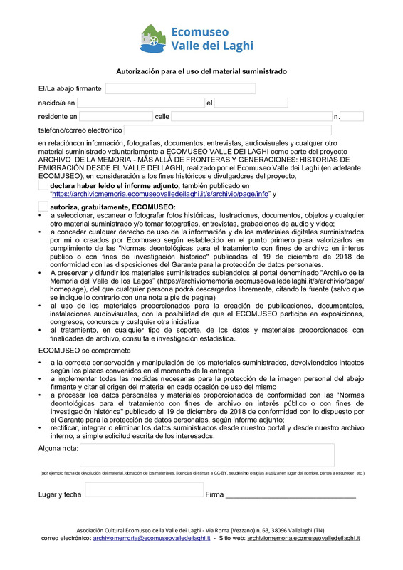 Autorización para el uso del material suministrado - liberatoria adulti spagnolo