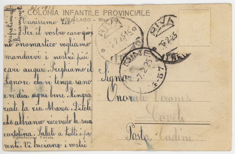 Cartolina dalla Colonia Infantile Miralago - retro